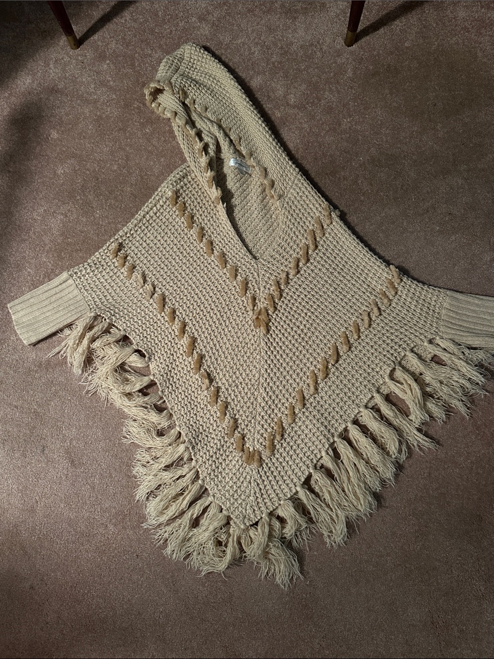 Dress Barn Cream Knit Fringe Poncho